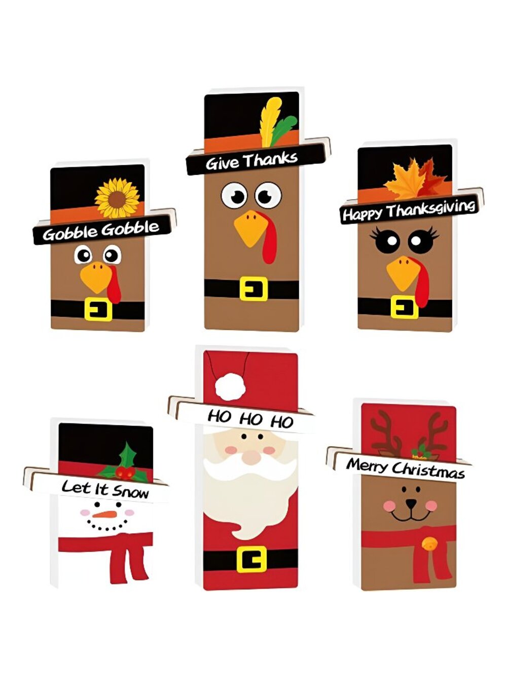 Thanksgiving/Christmas Deco Wooden Signs, 3 Pcs Reversible Turkey Wooden Decor